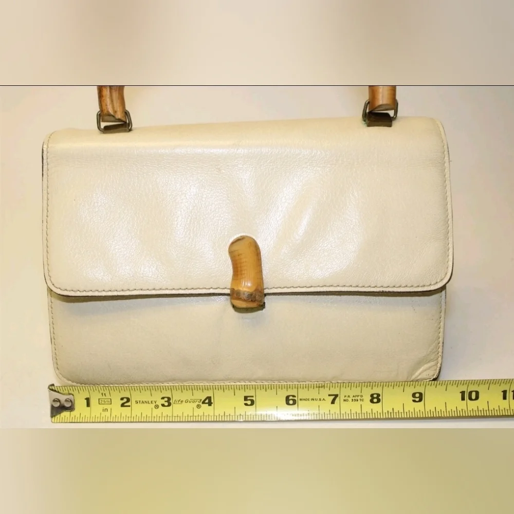 Calderon Vintage Womens Petite Ivory Leather Suede Bamboo Handle Satchel Bag - Picture 6 of 14